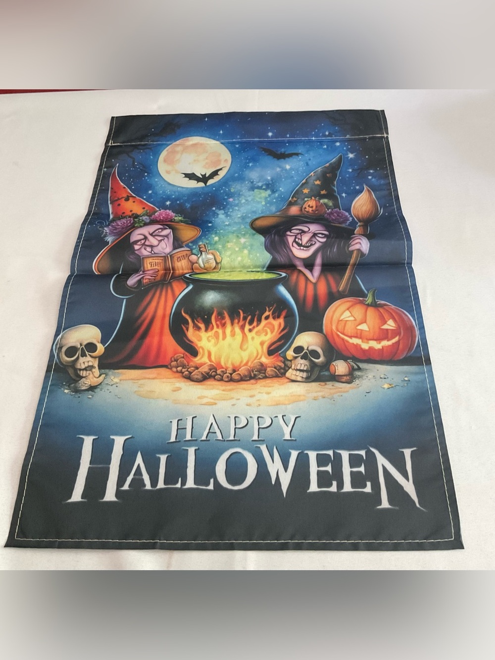 Happy Halloween Witch Garden Flag - Blue Night Pumpkin Design